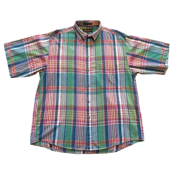 Vintage Marc Lewis Pastel Plaid Short Sleeve Button Down, Size L - Picture 1 of 7